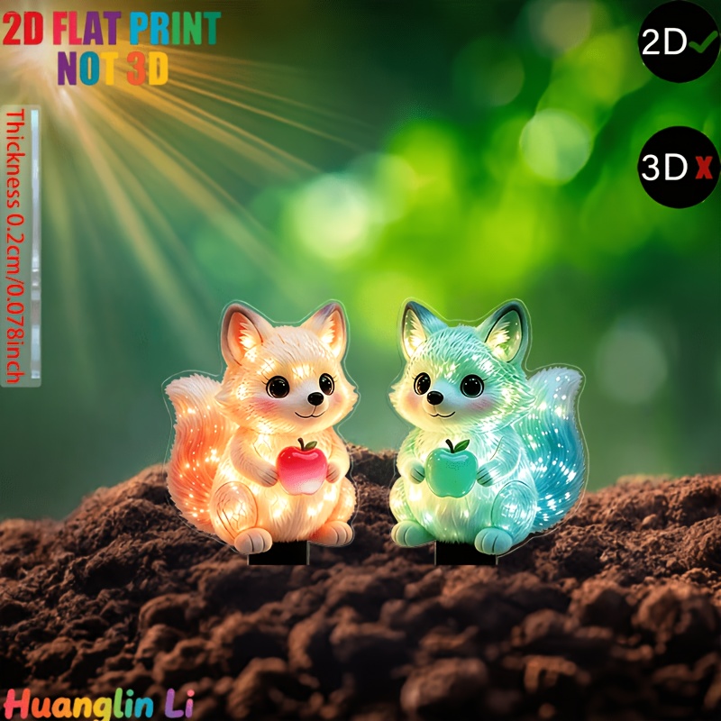 TEMU 2D Plat - 【2D Plat】 2D Plat - [2D Plat] 2D Plat, 2pcs Chevilles de Jardin Renard en Acrylique - avec Effet Couleur Néon, Pas d'Électricité ,