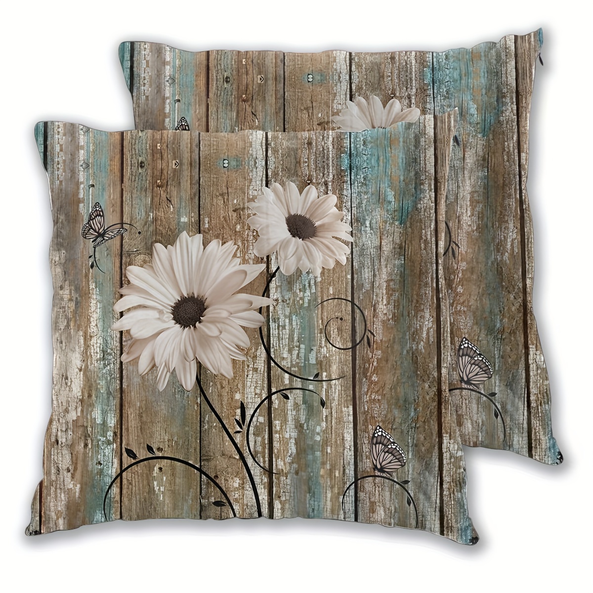 

2pcs Rustic Daisy & Sunflower Throw Pillow Covers - Decor, Soft Short Plush, Zip Closure, Machine Washable, 18x18 Inch - Couch & Outdoor