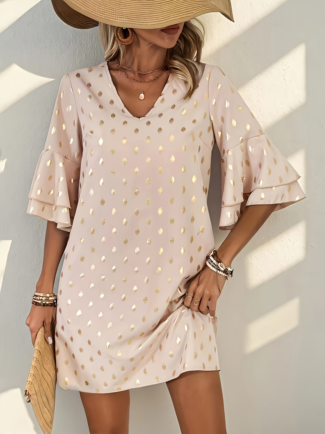 women's v-neck dress beige golden floral-like pattern, flared