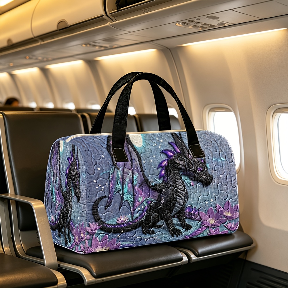 TEMU 1pc Quilted Cylinder Travel Bag Luggage Bag Purple-winged Dragon And Flowers Multi-functional Zipper Closed Vacation Luggage Bag, Travel Tote