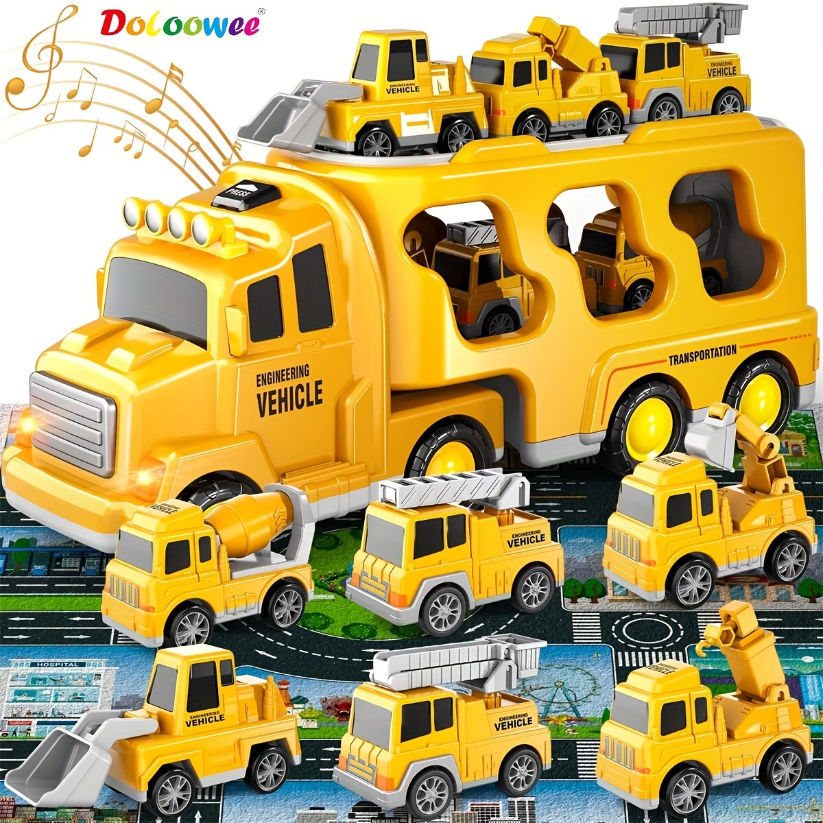 

Doloowee Toddler Construction Truck Toys 7 In 1 With Map, Construction Transportation Truck Friction Vehicle, Excavator, Bulldozer, Crane And Mixer For Boys 3-7 Years Christmas Birthday Gift
