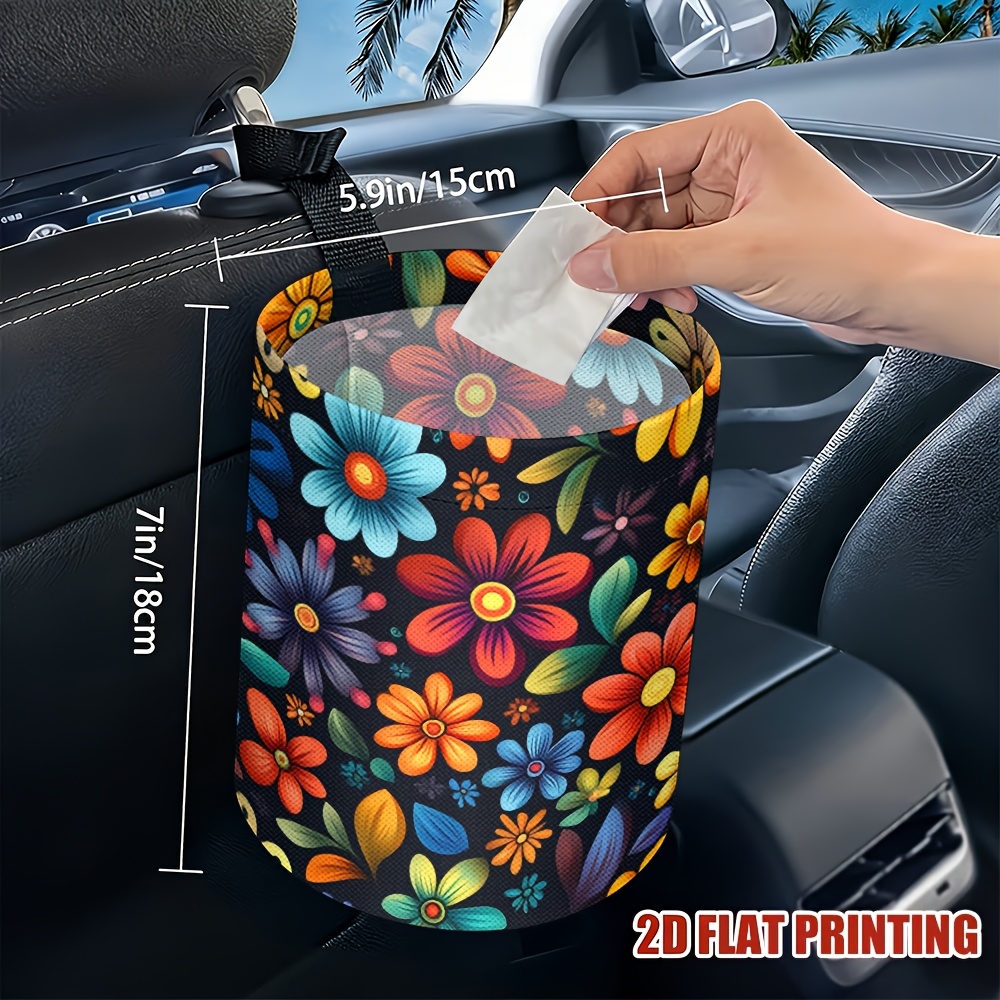 TEMU 1pc Bright Floral Car Trash Can With Black Handles – Colorful , Durable Polyester, Perfect For Vehicle Interiors, Mobile Offices, And Use, Car