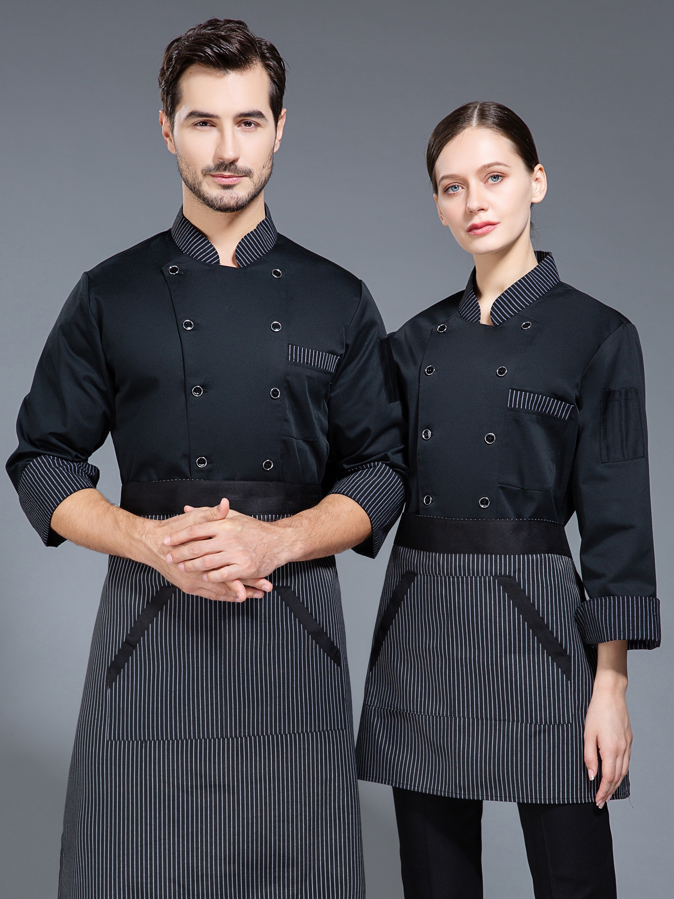 professional long sleeve   for men and women 100 polyester striped collared neck   with pockets non stretch woven fabric skinny fit for restaurants bakeries and school cafeterias
