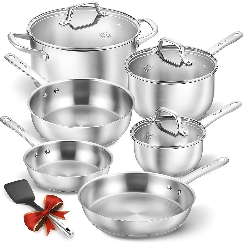 TEMU Ensemble de 10 pièces de batterie de cuisine en acier inoxydable, comprenant une collection de cuisine de 10 pièces avec des poignées rivetées