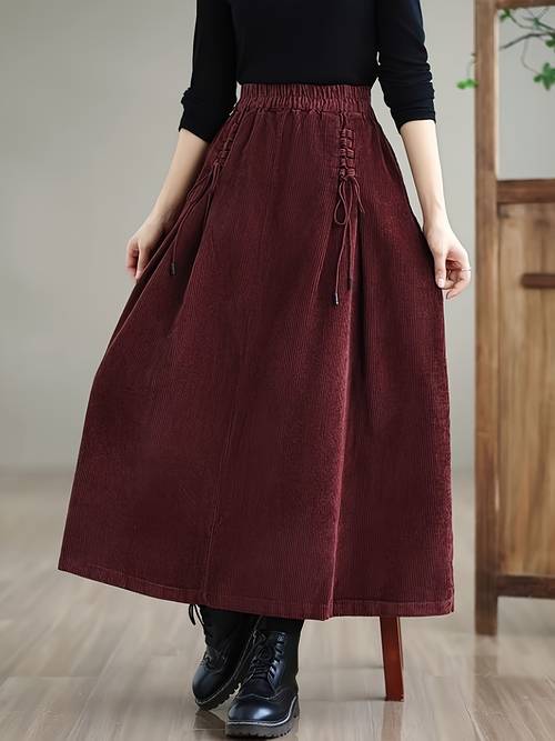 autumn and winter new high waisted elastic waist skirt womens loose versatile corduroy solid color large swing skirt