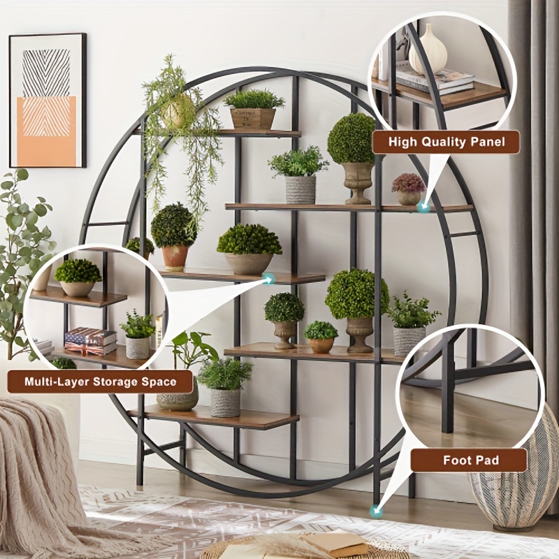 1pc round 5 tier metal plant stand bookcase storage rack indoor living room terrace garden balcony display stand rustic brown 67 w x 11 8 d x 67 h for home room living room office decor details 4