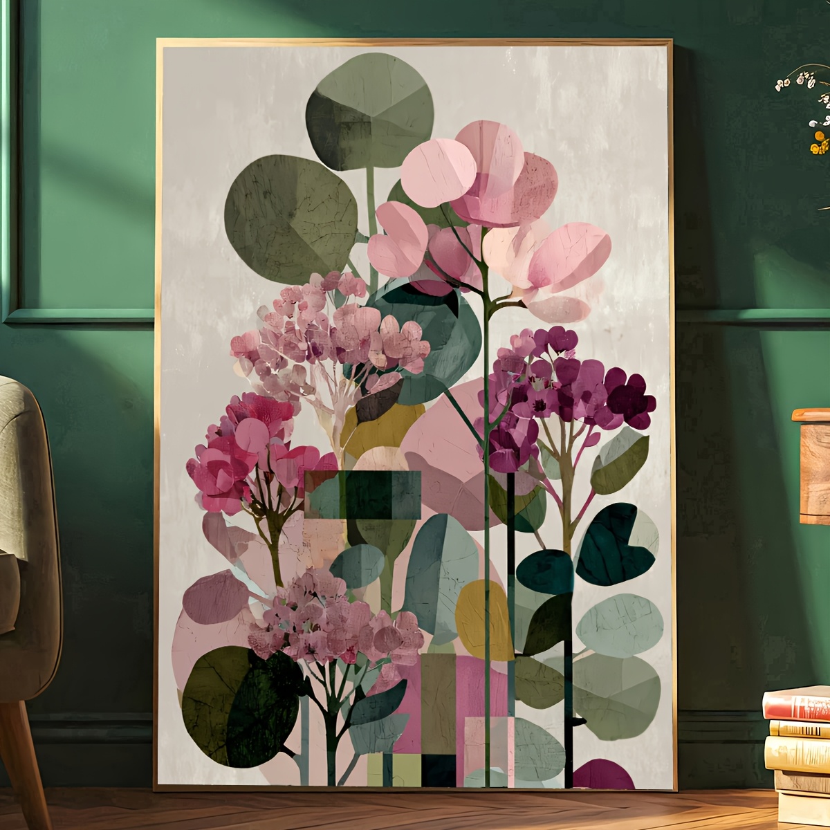 TEMU 2d Flat, 1pc Frameless Powder Blusher Pink Green Plant Abstract Poster, Soft Eucalyptus Leaf Geometry Canvas Painting, Art, Birthday Present,