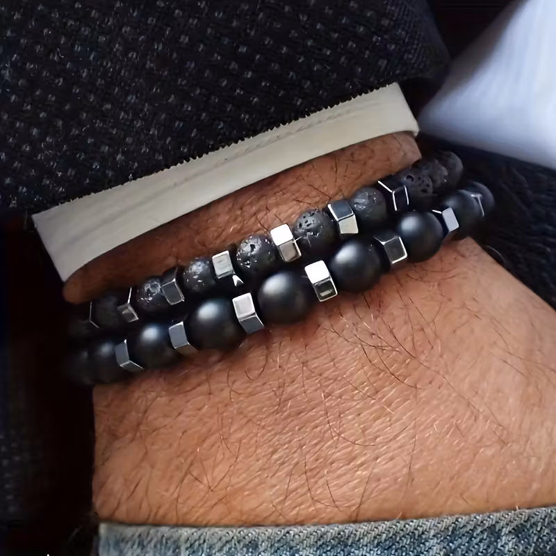 2pcs set black stone bead bracelet suitable for birthday anniversary gifts to boyfriend husband and christmas fathers day gifts Product details 0
