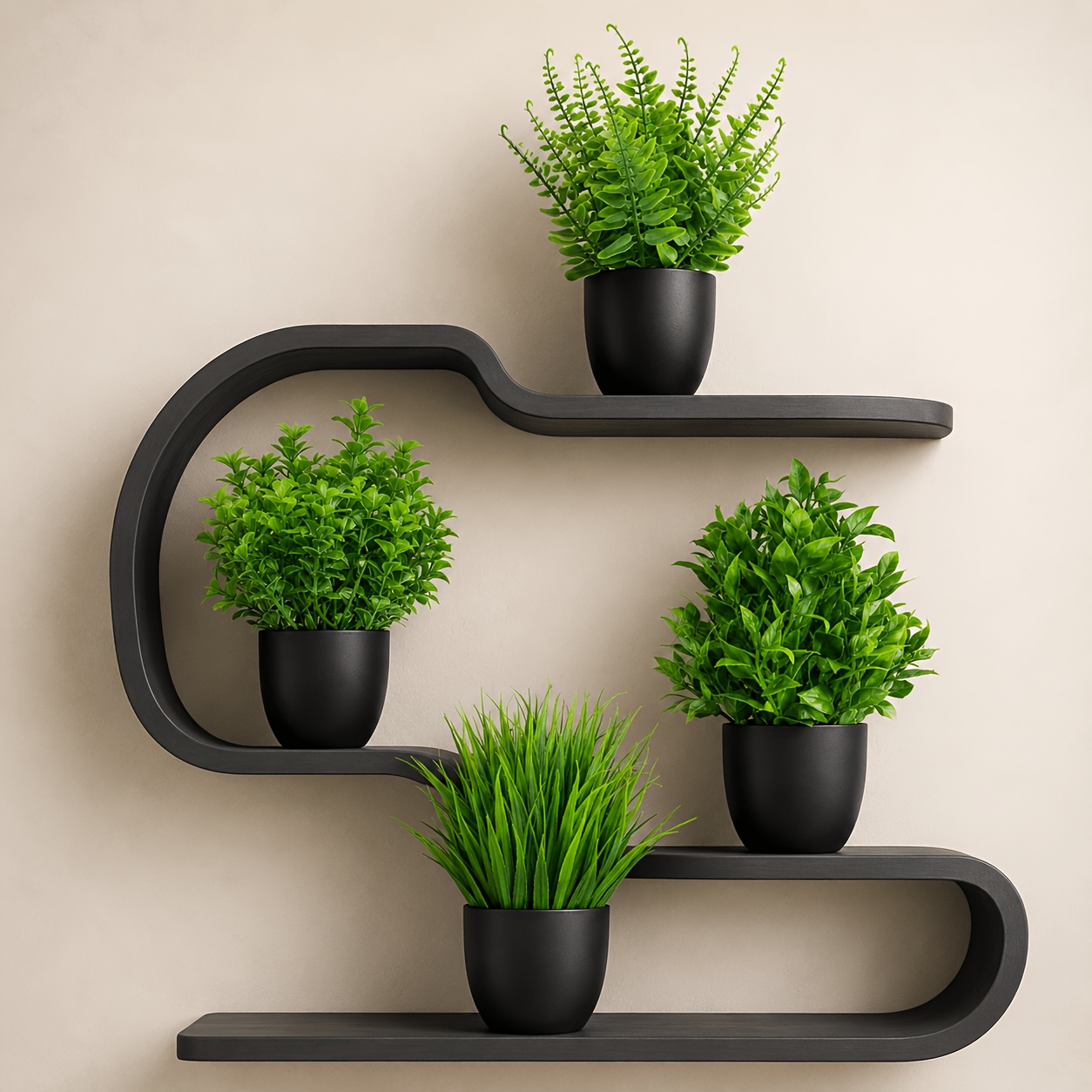 Image of 4pcs Black Round Flower Pots Artificial Potted Plants, 4 Styles Mixed Mini Artificial Plants Fake Potted Plants, Desktop Windowsill Bookshelf Bathroom Shelf Room Office Decorative Ornaments