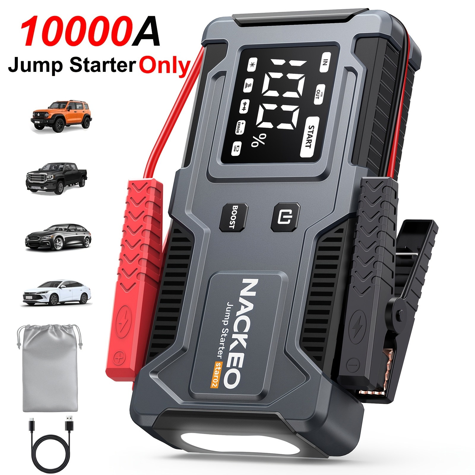 TEMU 10000a Car Jump Starter With Embedded Battery Clamps, 12v Car Battery Booster For All Gasoline Or 10.0l Engines, Large Lcd Display & Bright Led