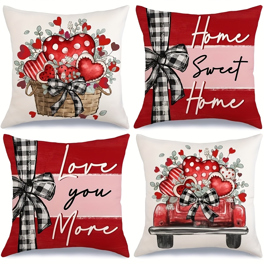 

4-pack Throw Pillow Covers, 18x18 Inches, "" & "" Design, Zipper Closure, Machine Washable, Decorative Cushion Cases For Room Types, Farmhouse Wedding Decor With Eucalyptus And Hearts Truck Stripes