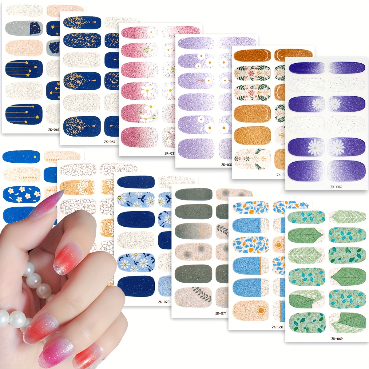 

12pcs Multi-coloured Nail Art Decals, Spring And Botanical Leaf Full Nail Kit, Diy Self-adhesive Nail Stickers For Women And Girls