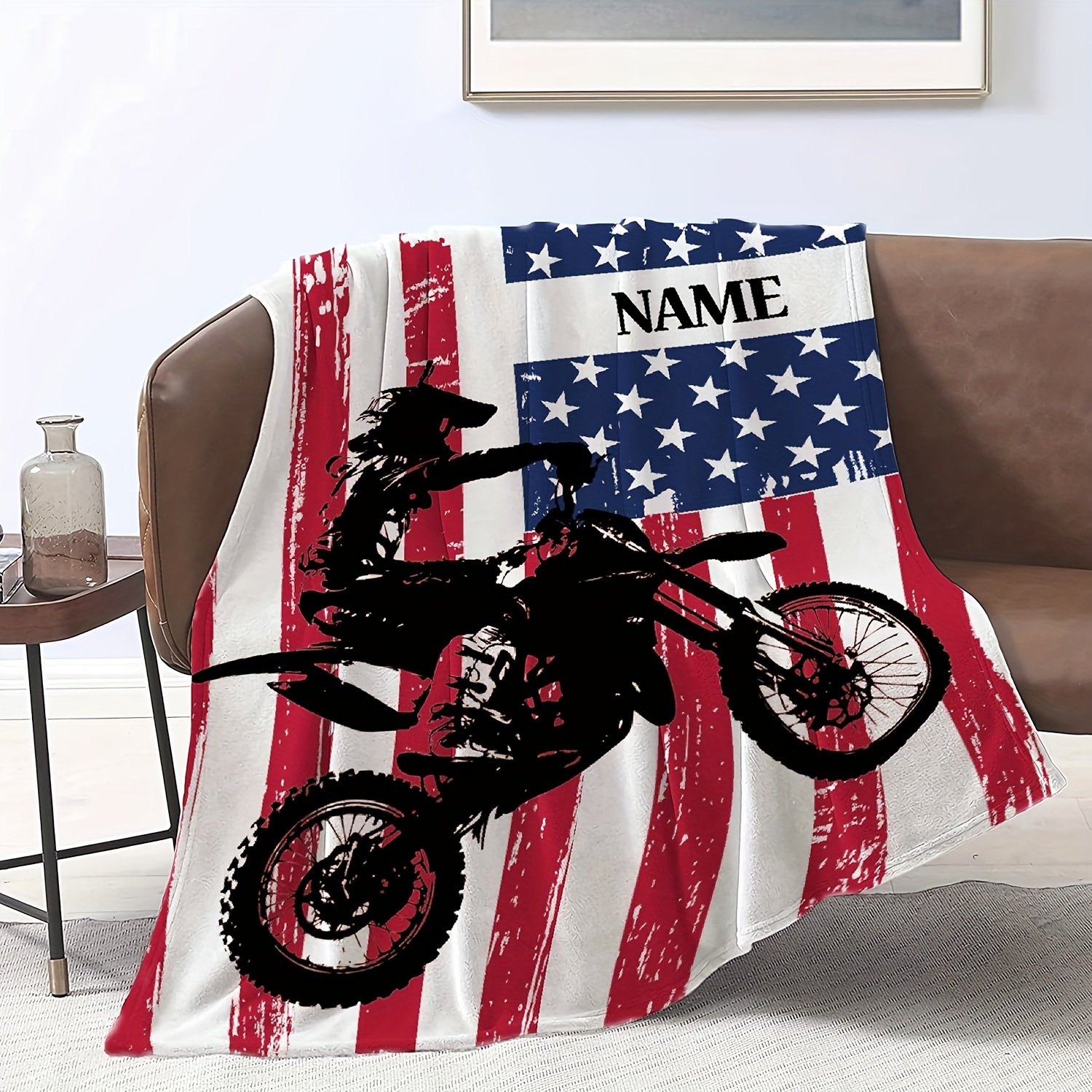 

Personalized American Flag Motorcycle Print Flannel Throw Blanket - Customizable Name, For Couch, Bed, Office, And Outdoor Camping - Perfect Gift , Family, And