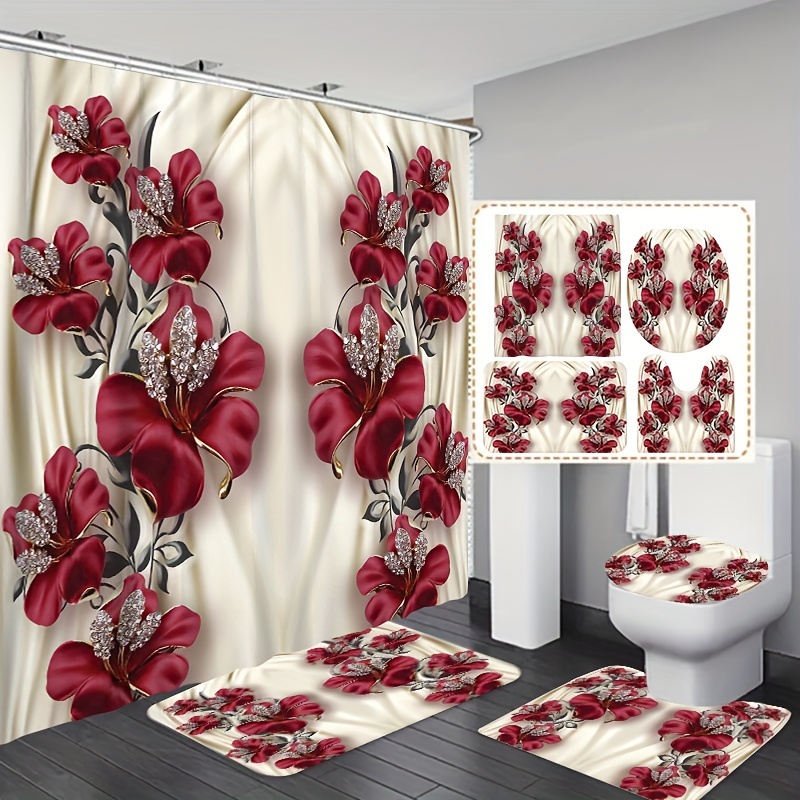 

1/3/4pcs Luxury Satin-finish Red Floral Beaded Pattern Bathroom Set, Shower Curtain (70.8x70.8 Inches) And Matching Toilet Mat/rug Set, Includes 12 Free Hooks
