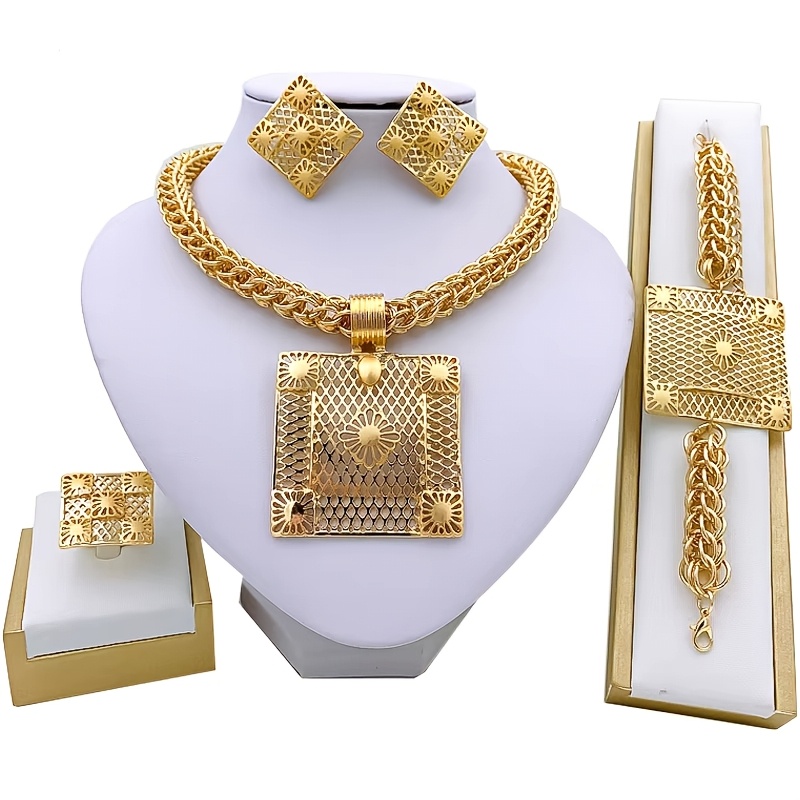 TEMU Middle Eastern Women's Jewelry Set: Necklace, Earrings, Ring, Bracelet Wedding Accessories