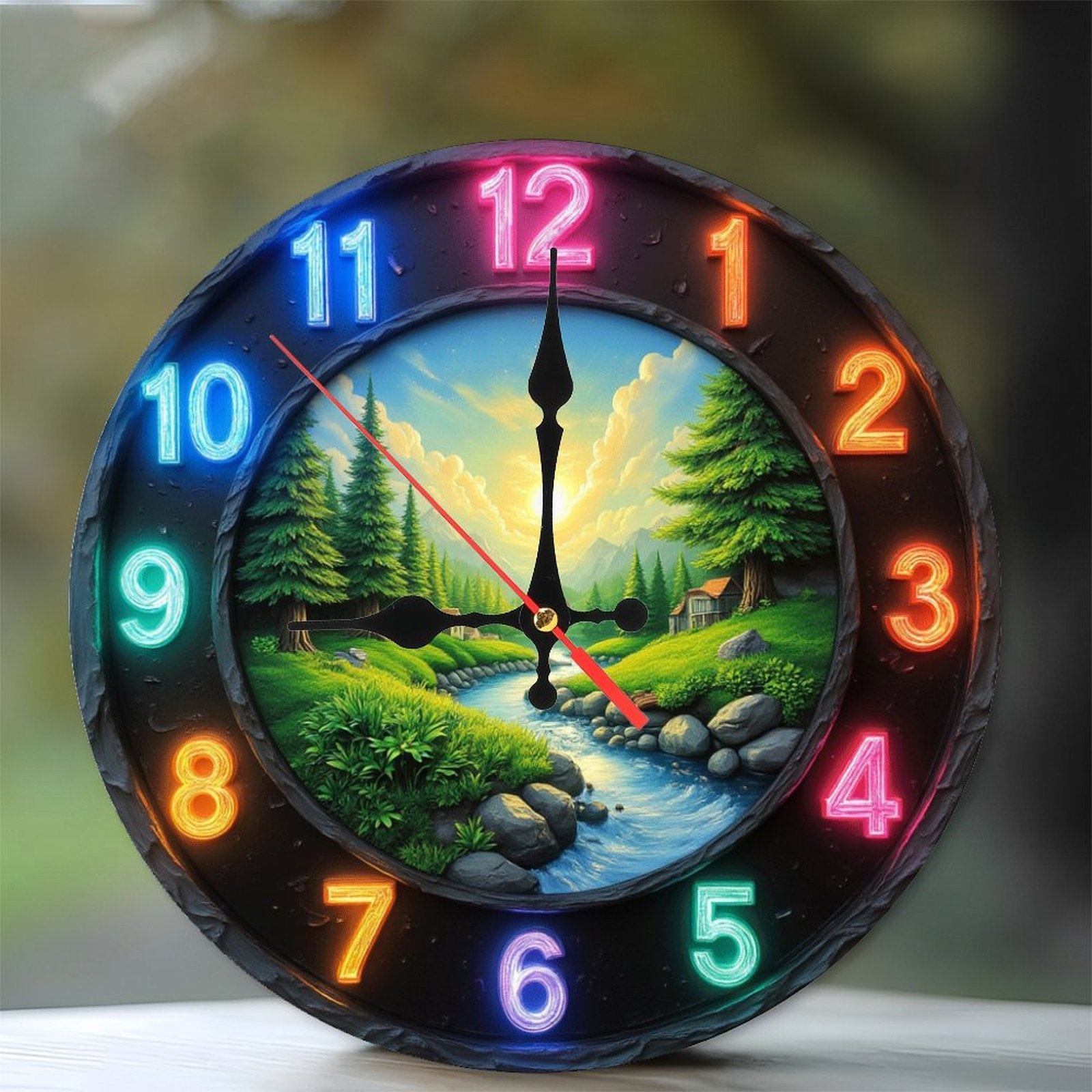 TEMU Nature Landscape Wall Clock With Colorful Led Lights 10-inch Wooden Wall Clock, , Battery Operated (aa Batteries Not Included), Decor,