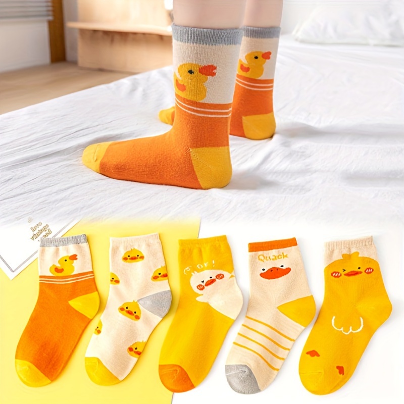 

5 Pairs Of Girl's Adorable Duck Pattern Crew Socks, Comfy Breathable Casual Soft & Elastic Socks, Spring & Summer
