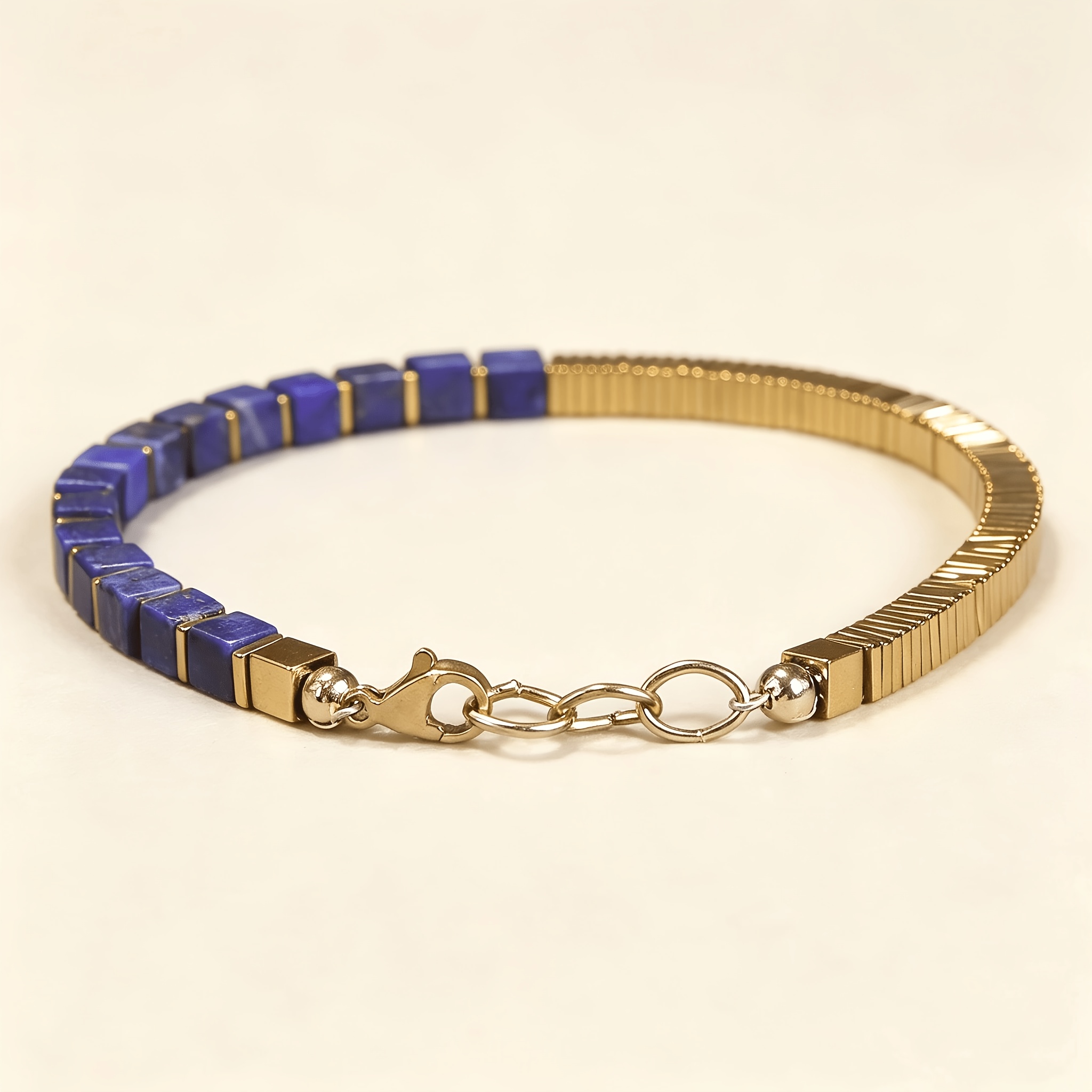 Lapis Lazuli Cube Bead & Hematite Spacers Golden Stackable Bracelet