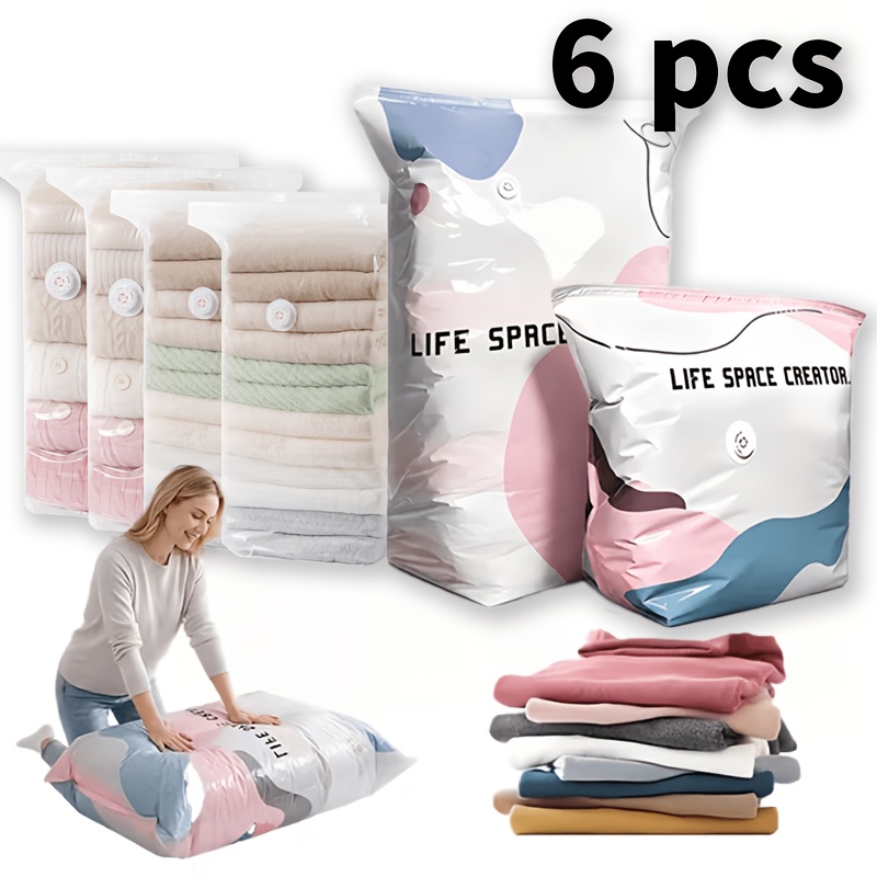 6pcs Pump-free Vacuum Compression Bags, Reusable, For Clothing And Bedding