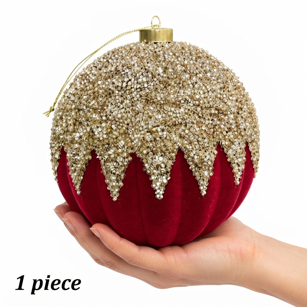 TEMU 1pc 6in Large Burgundy Velvet Christmas Ball Ornaments, Flocked Shatterproof Hanging Baubles, Elegant Christmas Tree Decorations For Holiday,