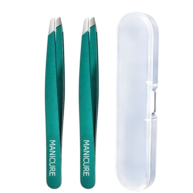 TEMU 3pcs Professional Slant Tip Tweezers With Storage Case, , Easy Hair Removal, Stainless Steel Material