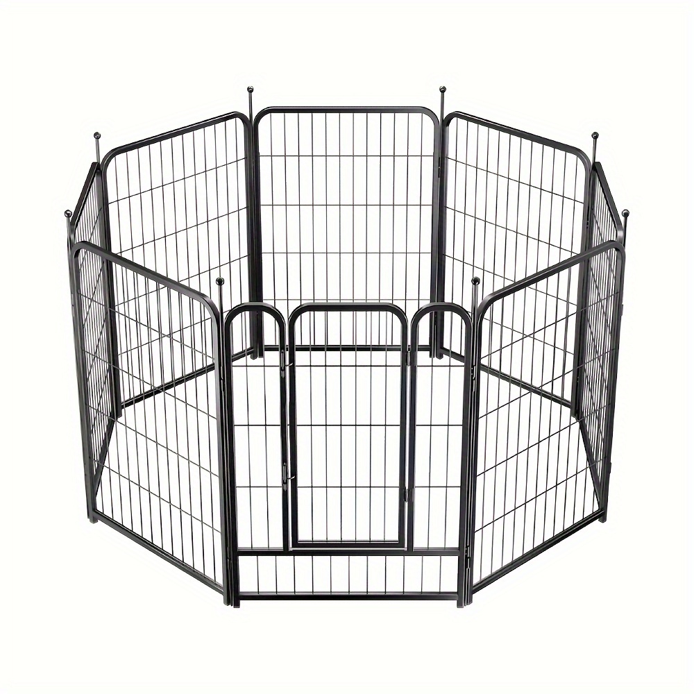 

8 Panel Pet Playpen With Single Door, Double Lock, Black E-coated Metal 26.77in Wide X 40in High Each Panel, 15x15x0.6mm Frame, 2.8mm Horizontal & 2.2mm Vertical Wire, Configurable For Various Spaces