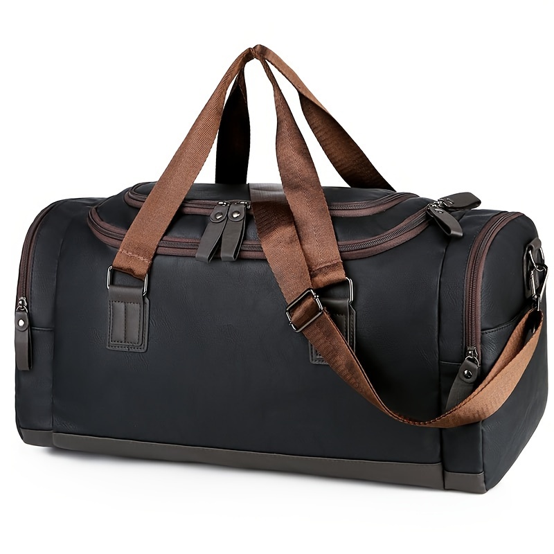 

Men' Travel Bag - Large Weekend Bag, Water-resistant, Spacious & , Black With Brown Accents, Multiple Compartments, Adjustable Shoulder Strap, Casual Travel Or Gym Use