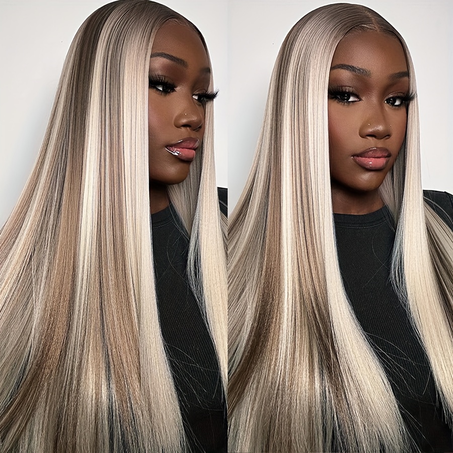 TEMU 13x4 Platinum Ash Blonde Wigs Synthetic Hair Straight Highlight Blonde Lace Frontal Wigs Ombre Brown Heat Resistant Fiber Hair Lace Wig