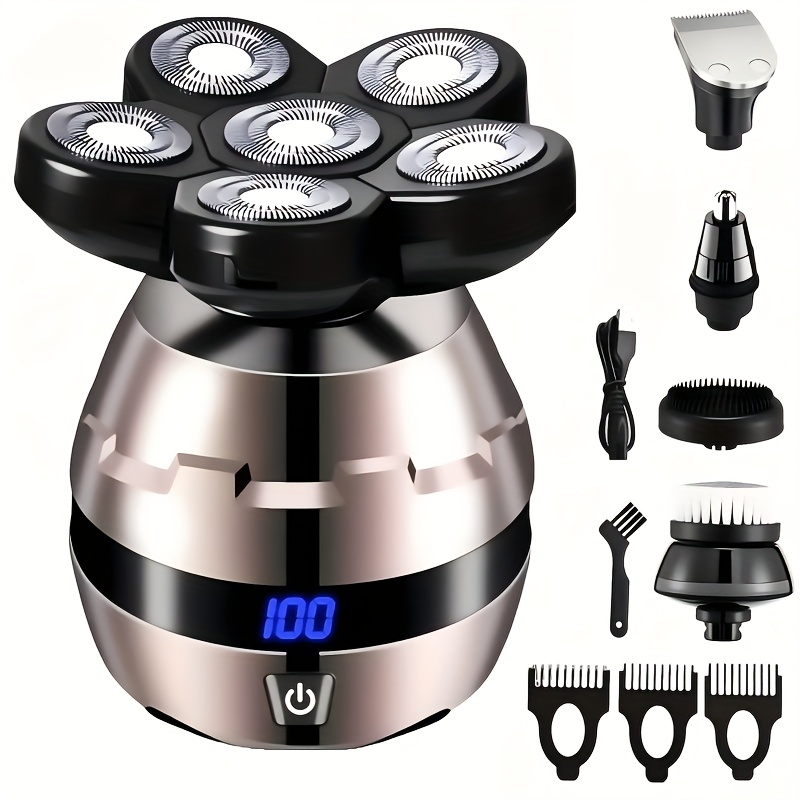 TEMU Bald Head Hair Trimmer, Men's Electric Shaver 6-blade Design, Wet/dry Shaving Smart Digital Battery Indicator Ipx6 Rating Fully For Fast Charging For Dad