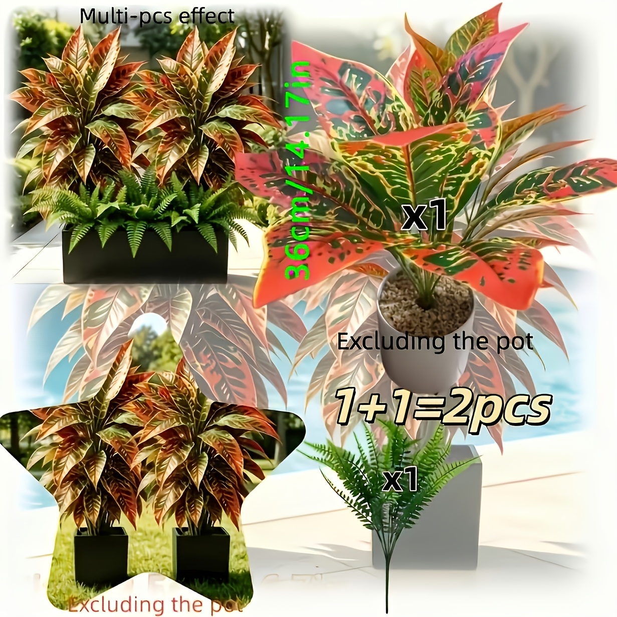 TEMU 2pcs Premium Large Outdoor Sun-resistant Artificial Golden Lyrata With Artificial Nephrolepis Exaltata Leaves, -specific Greenery, Long-term