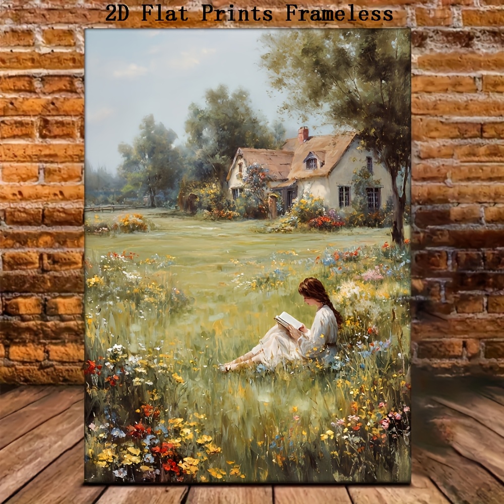 TEMU 2d Flat, 2d Flat Prints 1pc Frameless Vintage Cottage Girl Reading By Floral Canvas Wall Art Poster - 12"x16" (30x40cm), & Landscape Decor For