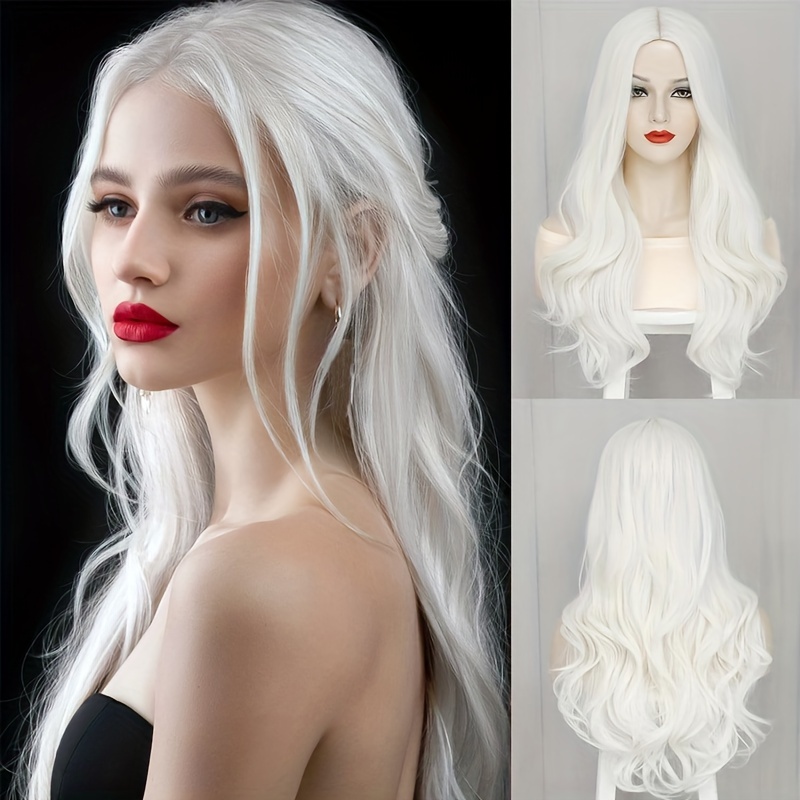 

Women's Long Wavy White Wig 26" - High Temperature Fiber Synthetic Party Wig With Natural Middle Part, Rose Net Cap, 180% Density Body Wave For Daily, Halloween, Cosplay - All Ages Suitable