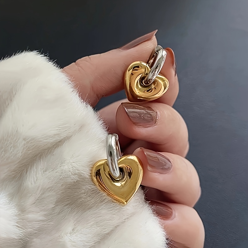 TEMU 2pcs Boucles d'oreilles style INS européen et américain chic, deux couleurs, de cœur, design pendentif cœur pêche , boucles d'oreilles cloutées