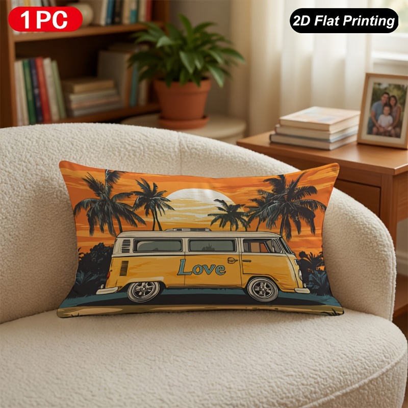 TEMU 1pc 2d Flat Printing Lumbar Throw Pillow Cover Sunset Van Print Pillow Cover For Indoor Outdoor Farm Bedroom Living Room Sofa Car Interior