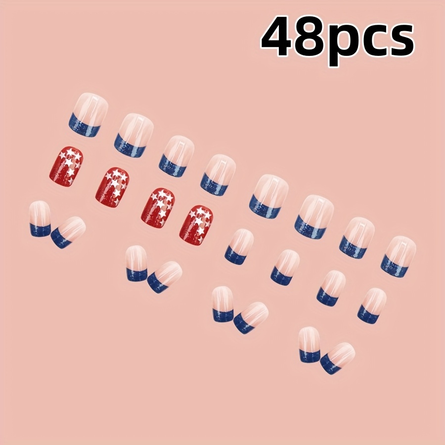 TEMU 48pcs 4th Fake Nails - Smooth Short Square With Stars & , Mixed Colors, , Daily , And Parties, Festive Nail Art, Party Accessories, Decorative Nails, Glossy Finish Nails