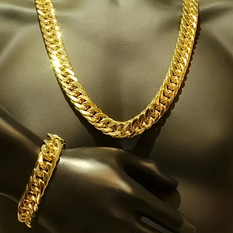 TEMU Parure collier et bracelet 2 pièces en chaîne plate de 6 mm plaquée or - Convient aux hommes et aux femmes - Style NK élégant pour et les fêtes,
