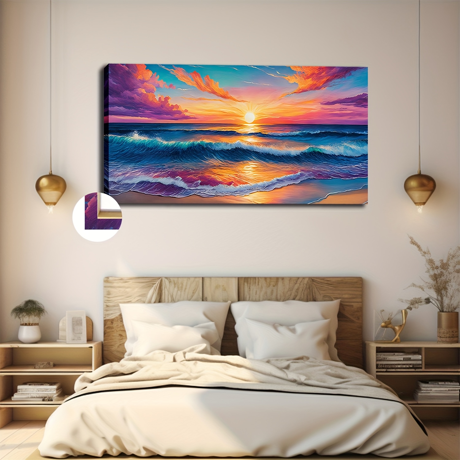 TEMU Large 20x40 Inch Framed Canvas Wall Art - Modern Minimalist Beach Sunset Oil Painting With , Wood Frame For Living Room, Bedroom, Kitchen Decor
