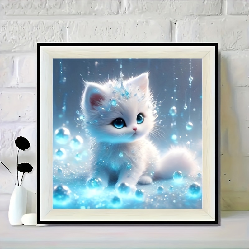 White Cat Round Diamond Painting Kit 1pc 20 X 20 Cm/7.87 X 7.87 Inches Handmade Craft Wall Decor Home Decoration Ornament Frameless