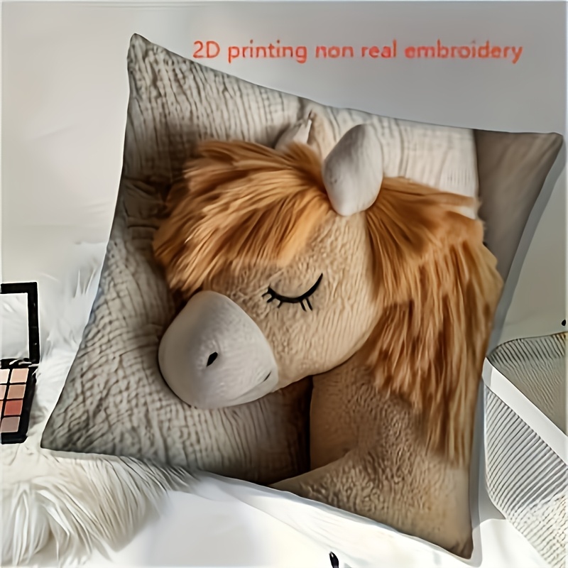 Image of A 2d Printed Pillow Cover Featuring A Highland Pony, Measuring 18.0x18.0 Inches, With A Short Plush Texture. This Cute Pony Made Of Soft Polyester, Has A Zipper Closure, Is Machine Washable