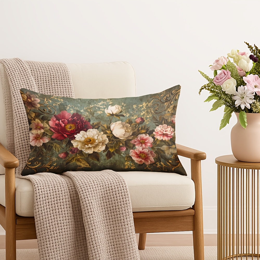 TEMU 1pc Lumbar Pillow Cover, Double-sided Print 12*20 Inches / 30*50 Cm, Spring And Summer Lumbar Pillow Case With Exquisite Vintage Peony Floral