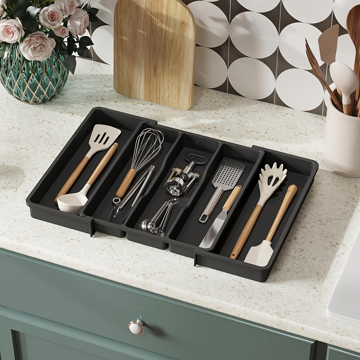 

5-compartment Utensil Organizer, Plastic Folding Insert Mount Kitchen Drawer Divider