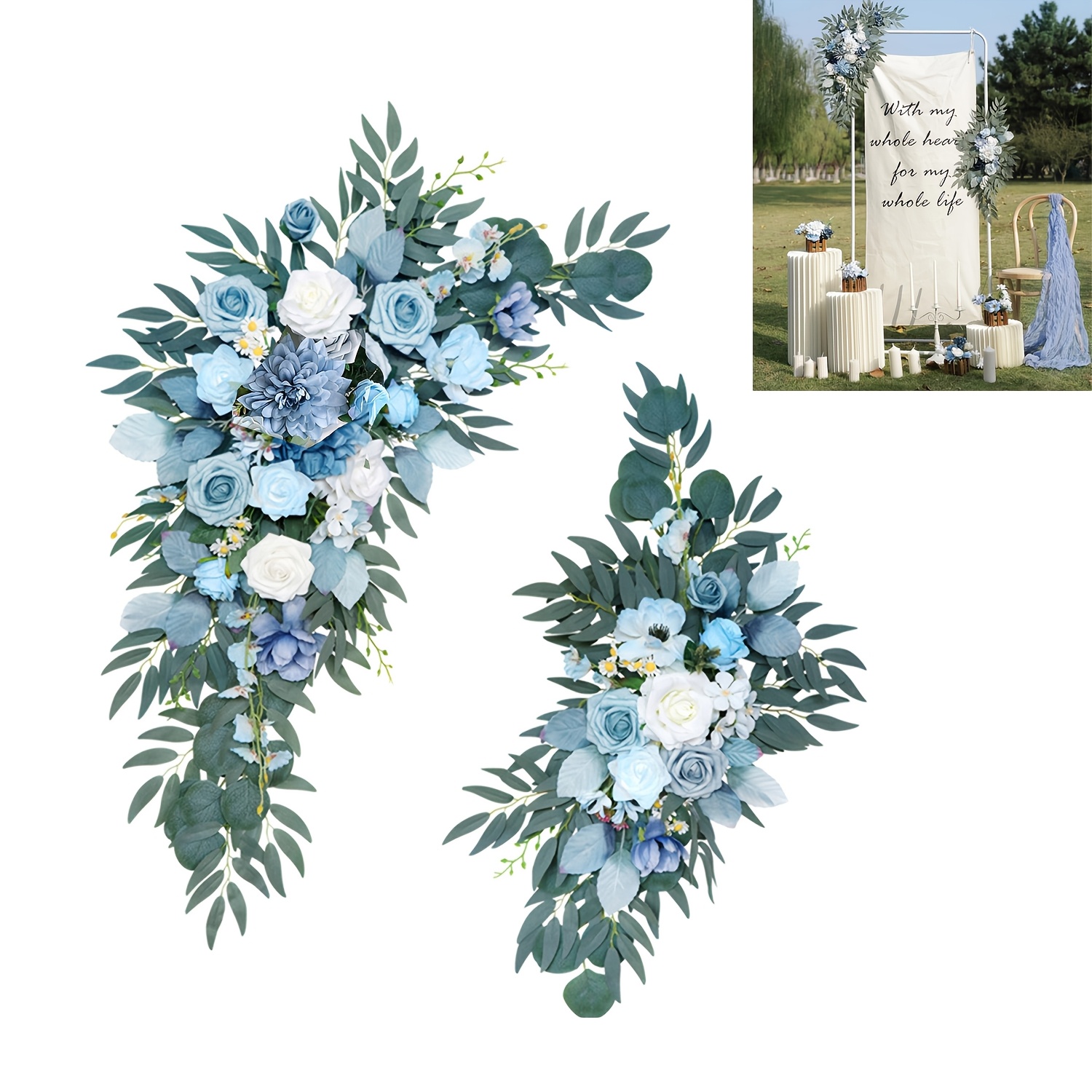 

2-pack Artificial Wedding Arch Flowers, Dusty Blue Floral , Plastic Vine Arrangement For Valentine's Day, Bridal Shower, Ceremony Backdrop Decor, No Power Needed