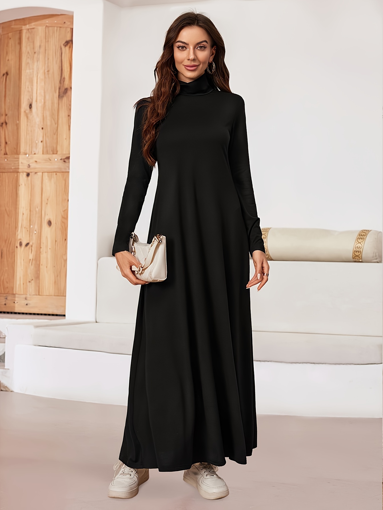 Elegant Black High-Neck Sleeve A-Line Robe Dress - Middle Eastern-Inspired  Traditional Floor-Length Gown elegant black high neck sleeve a line robe dress middle - Temu