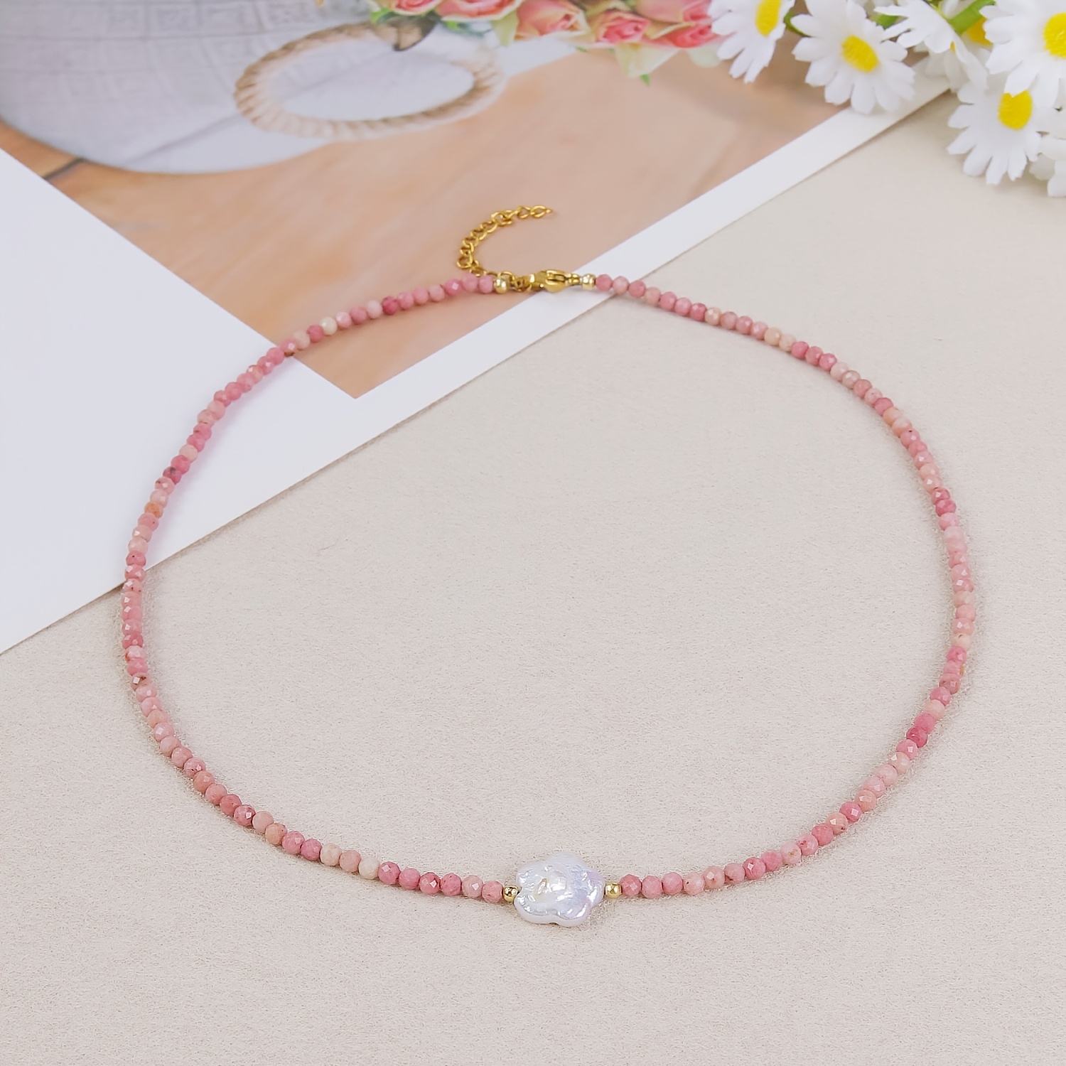 Women's Natural Stone Beaded Choker Necklace with Freshwater Pearl Charms