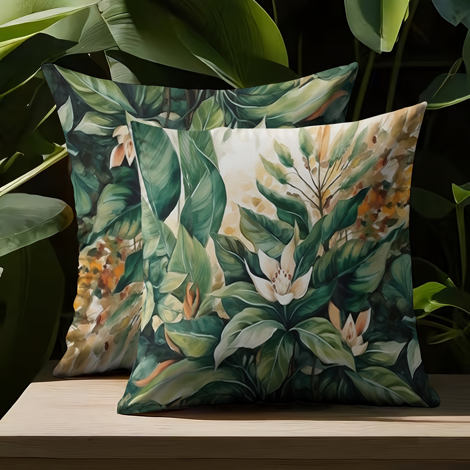 TEMU 2pcs, High-quality Short Plush Pillowcases, Green Plant Floral Pattern Pillowcases, Country Style Pillowcases, Double-sided Printing 18 Inches *