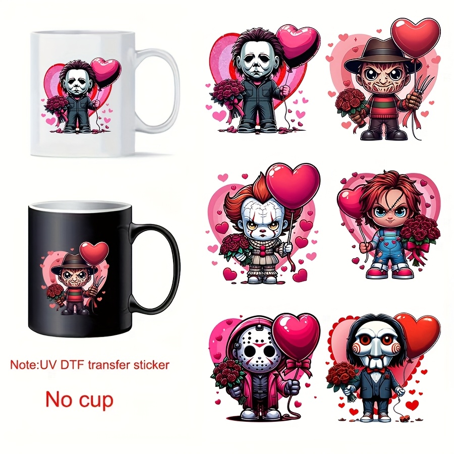 

6pcs Horror Themed Love Heart Transfer Paper, Customizable Diy Decals For Mason Jars, Mugs, Refrigerators, Tumblers, Coffee Cups, , Waterproof, Adhesive Pvc Craft Plastic Decor Paper