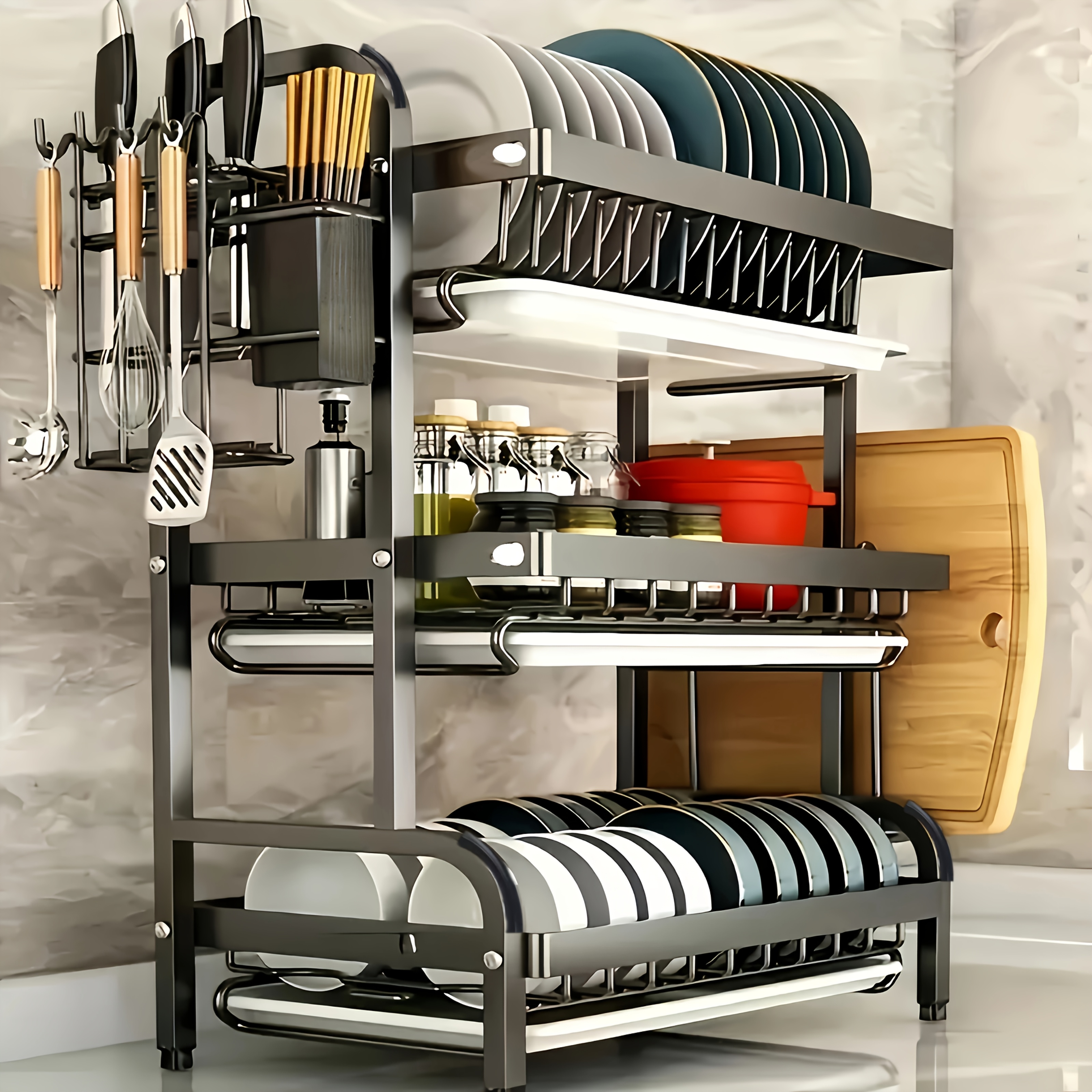 heavy-duty metal kitchen organizer - space-saving countertop storage shelf with knife & cutting board holder, utensil organizer, plate rack - sturdy 3-tier kitchen organizer for home, apartment, restaurant - easy assembly,   for small kitchens - organizer for plates, pots, pans, spices - countertop or cabinet storage, kitchen organizers and storage, sleek metallic  , durable construction, apartment living,  , rustresistant material,  , versatile 0
