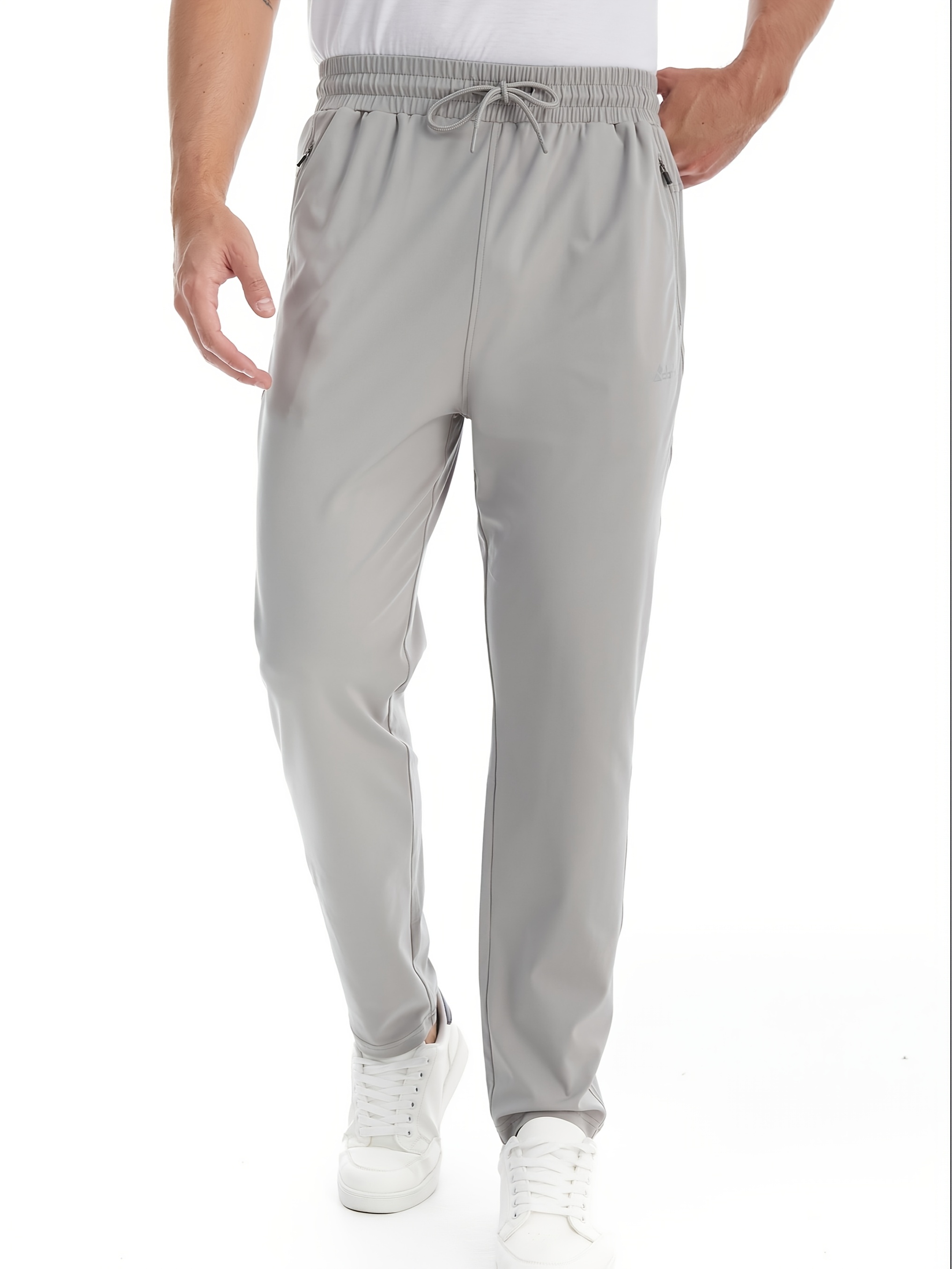 High-  Ice   Fiber Fabric Joggers - Solid Color Casual Outdoor Running Pants with Drawstring Waist, Zipper Pockets, and Side Pockets for Gym, Hiking, and Casual Attire, Jogging Pants, Hiking Apparel,  , Durable Sportswear