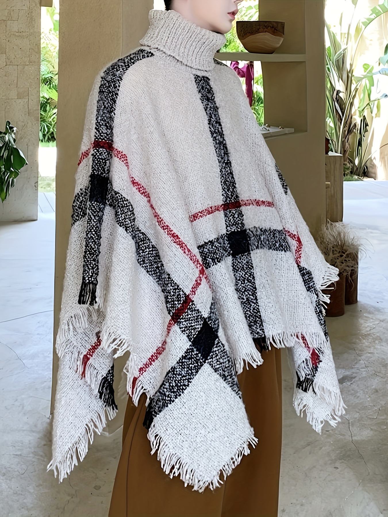 mens classic checkered tassel scarf style shawl sweater high Temu