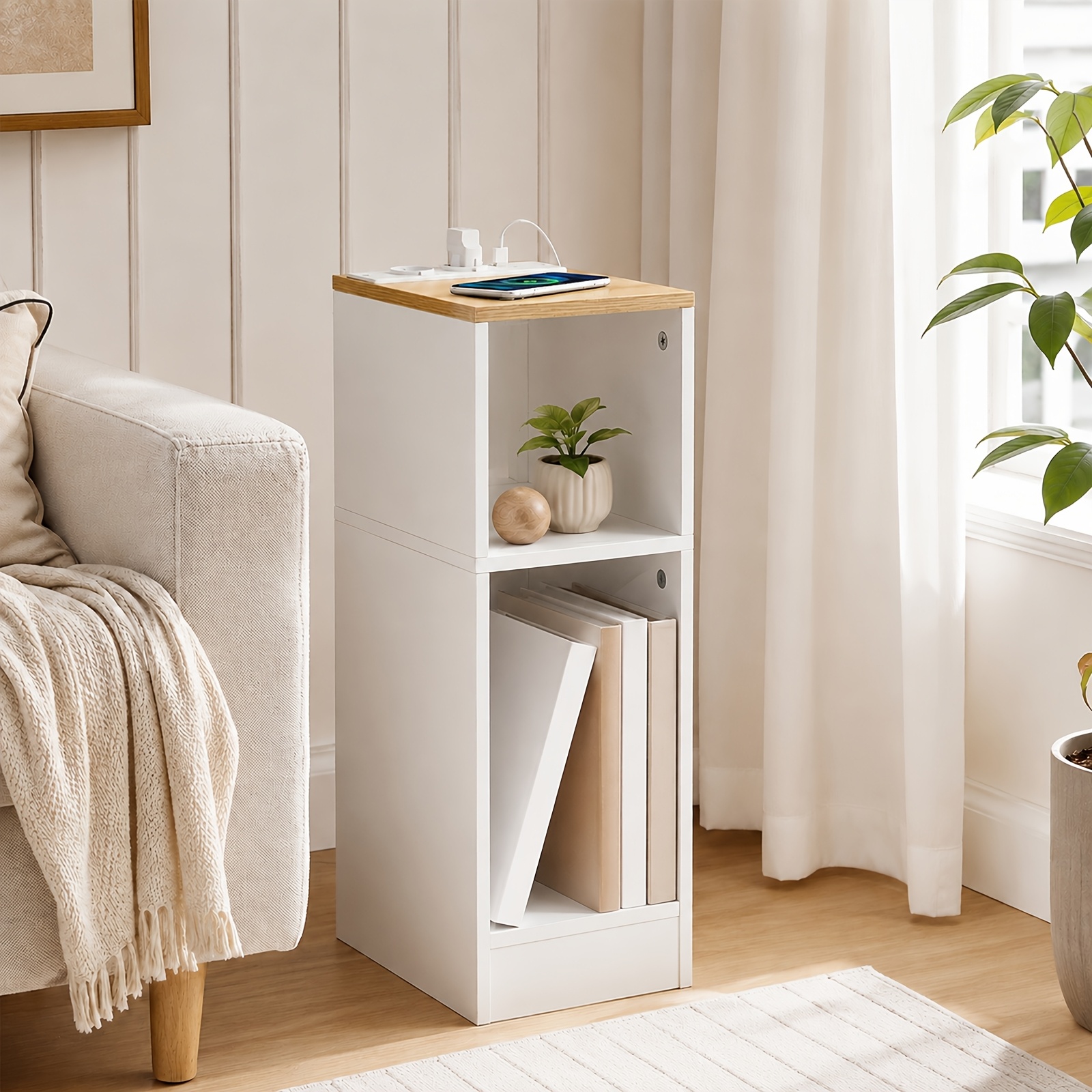Practical Shelf, Sofa Side Table, Side Table With Charging Station, Bedside Table, Coffee Table, Next To Sofa, Suitable For Small Spaces, Living Room, Bedroom, Brown And White, Utility Racks